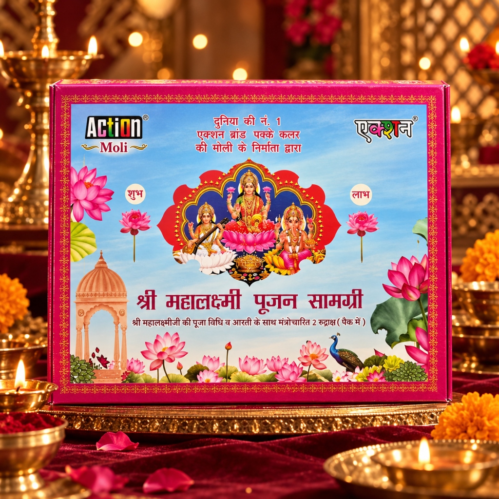 Action Goddess Lakshmi श्री महालक्ष्मी पूजन सामग्री (Complete Sanctum Box)